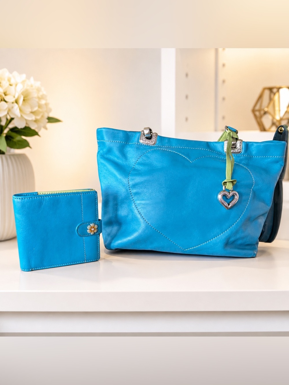 Brighton Jodi Blue Green Leather Tote Handbag Purse Floral Tapestry Wallet Set